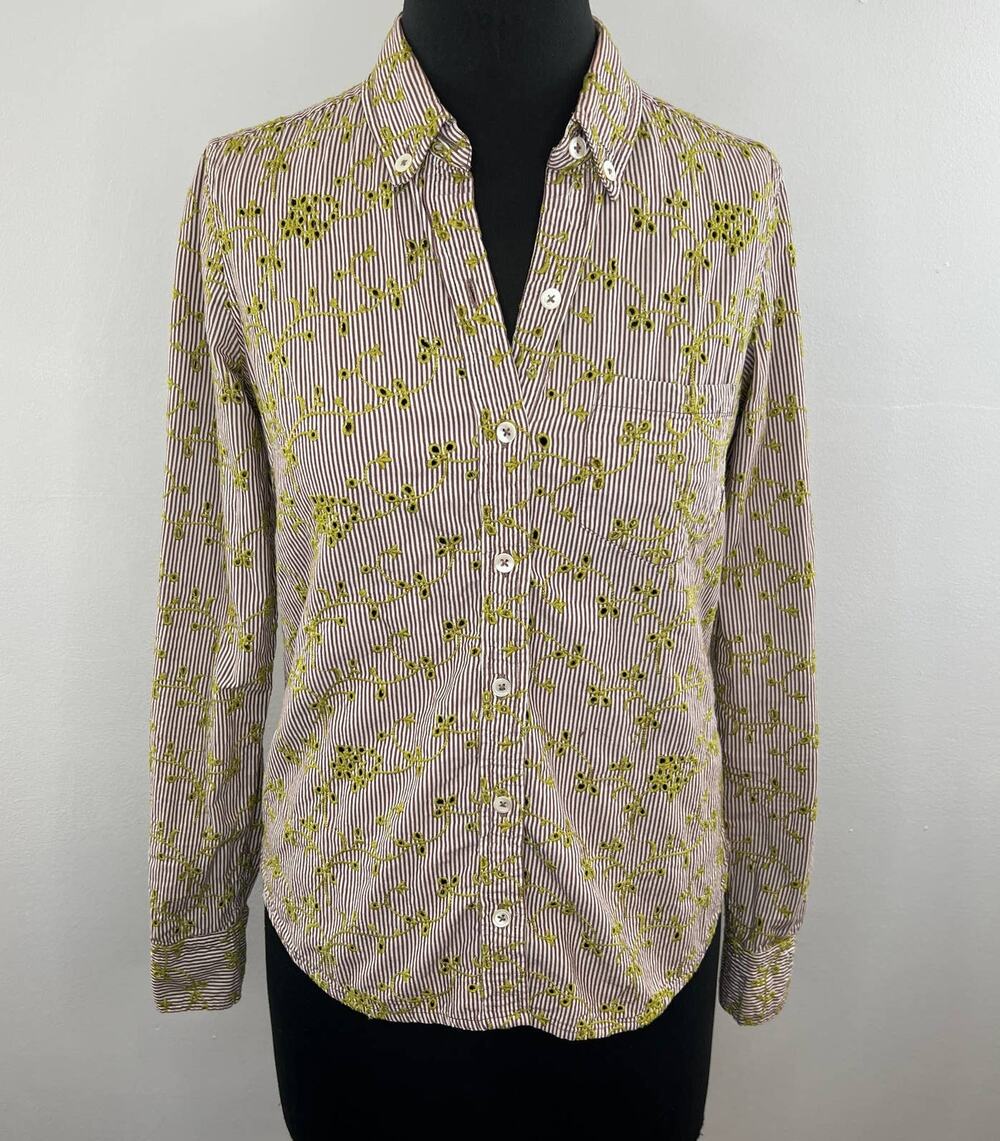 Odille Anthropologie Top Red Stripe Green Embroidered Eyelet Button-Down Shirt 4